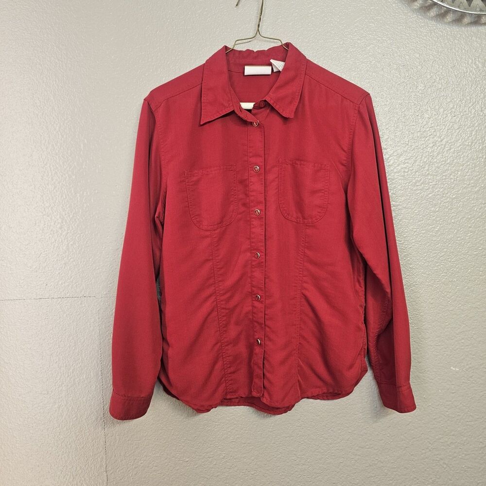 Liz Claiborne Lizwear P Med Red Button Front Long Sleeve Shirt Preppy HH868